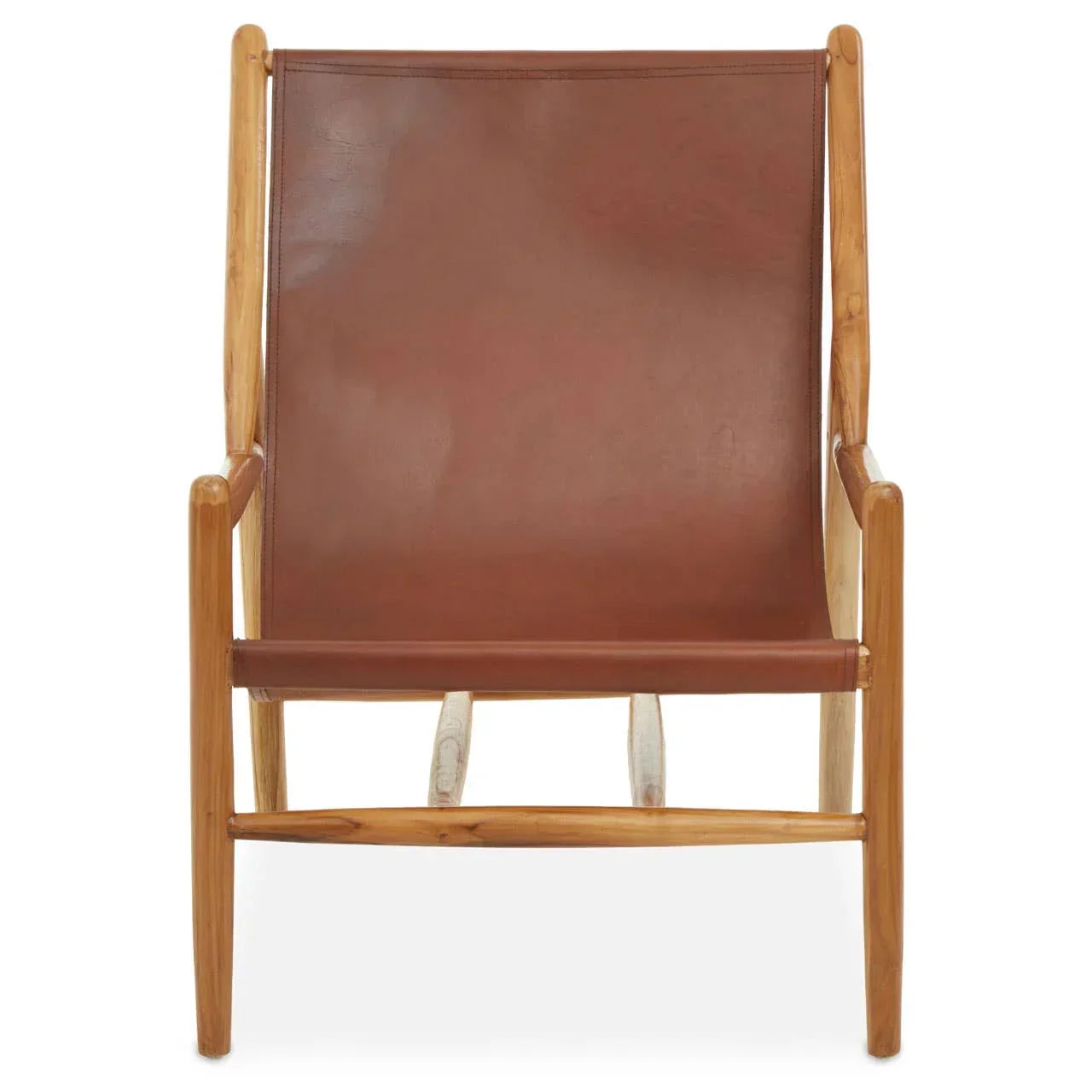 Brown leather accent chair with natural wood frame, front view