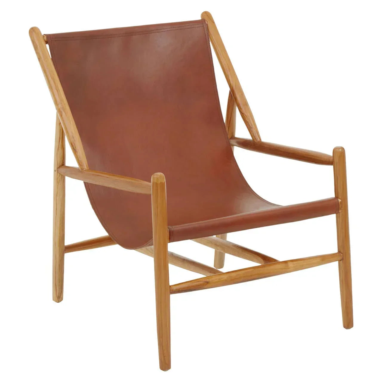 Brown leather lounge chair with wooden frame and angled armrests