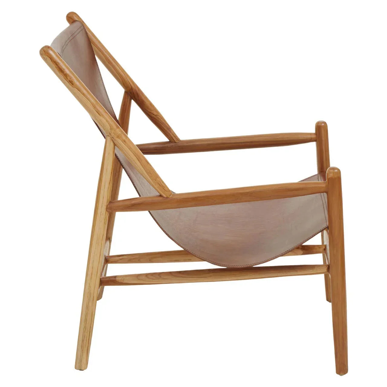 Side view of wooden accent chair with light tan sling seat and angled frame