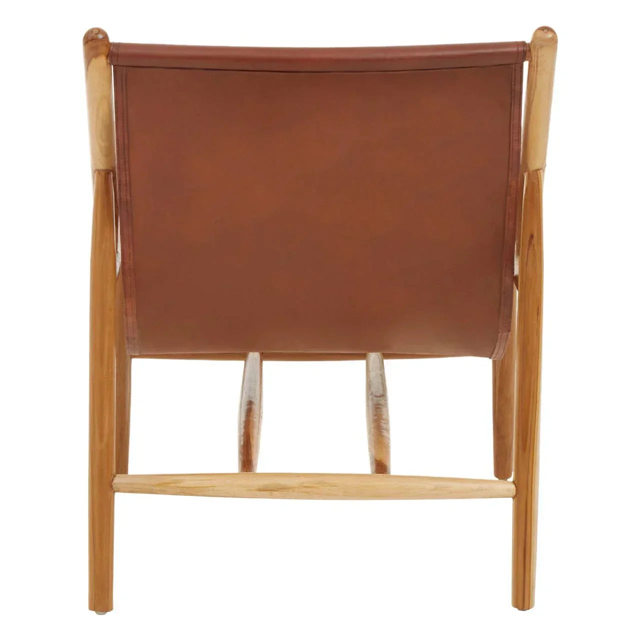 Rear view of wooden accent chair with brown leather backrest