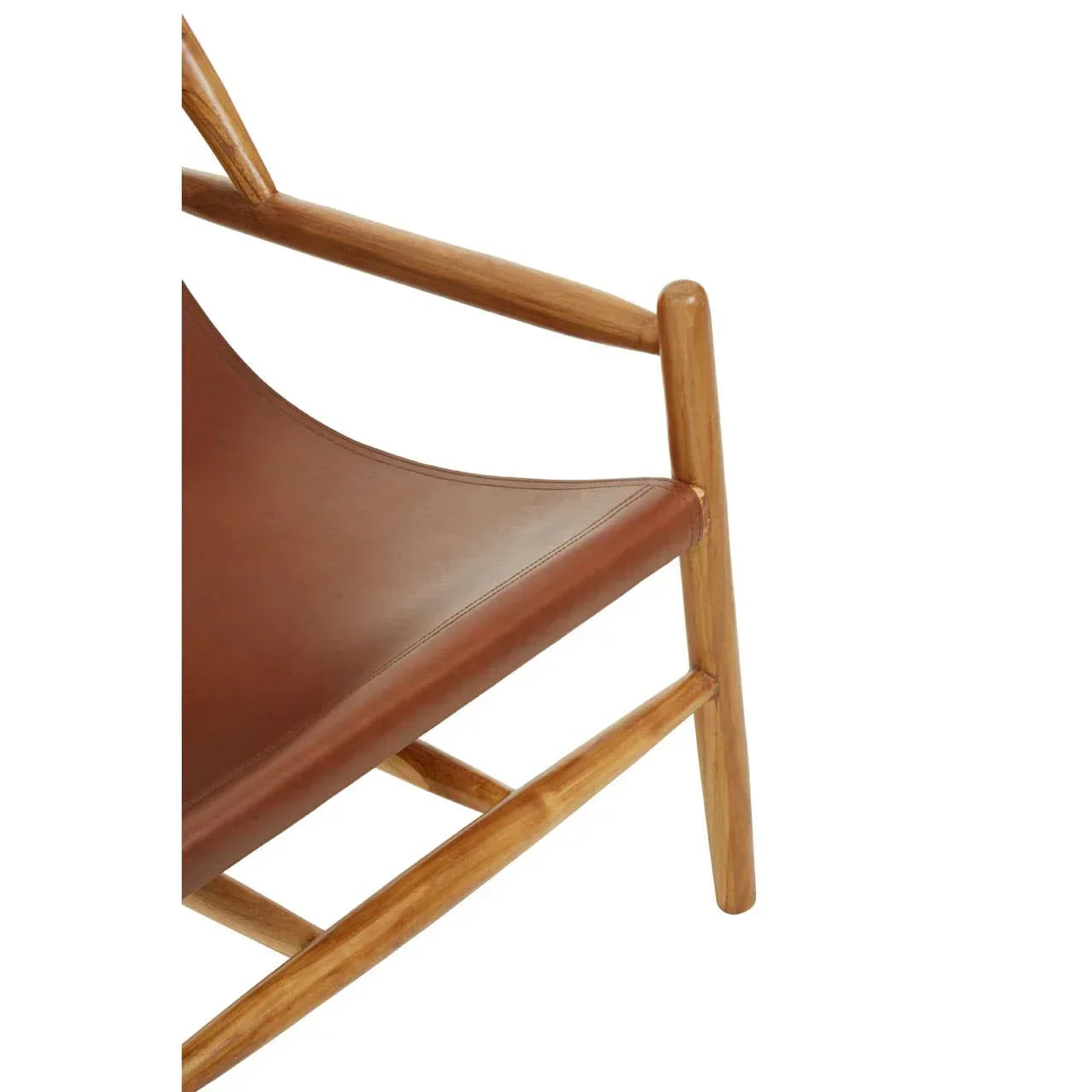 Closeup of wooden chair with brown leather seat and armrest detail