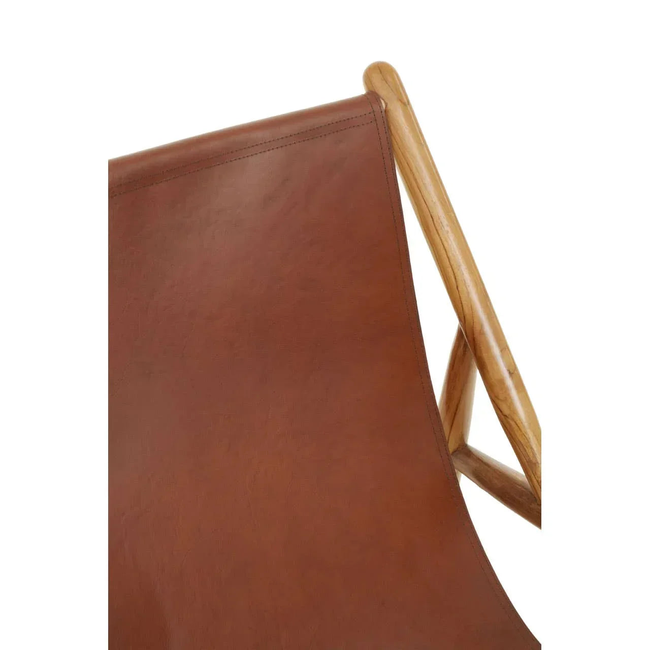 Brown leather chair sling and light wood frame close-up