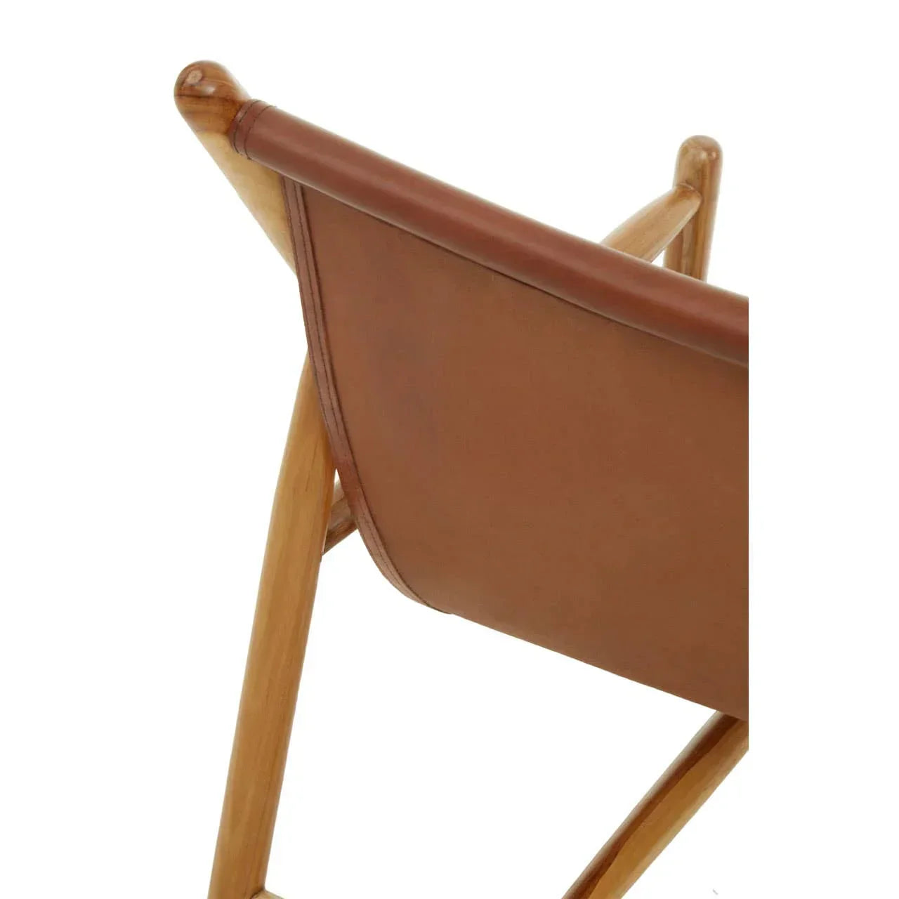 Close-up of brown leather chair backrest with light wood frame