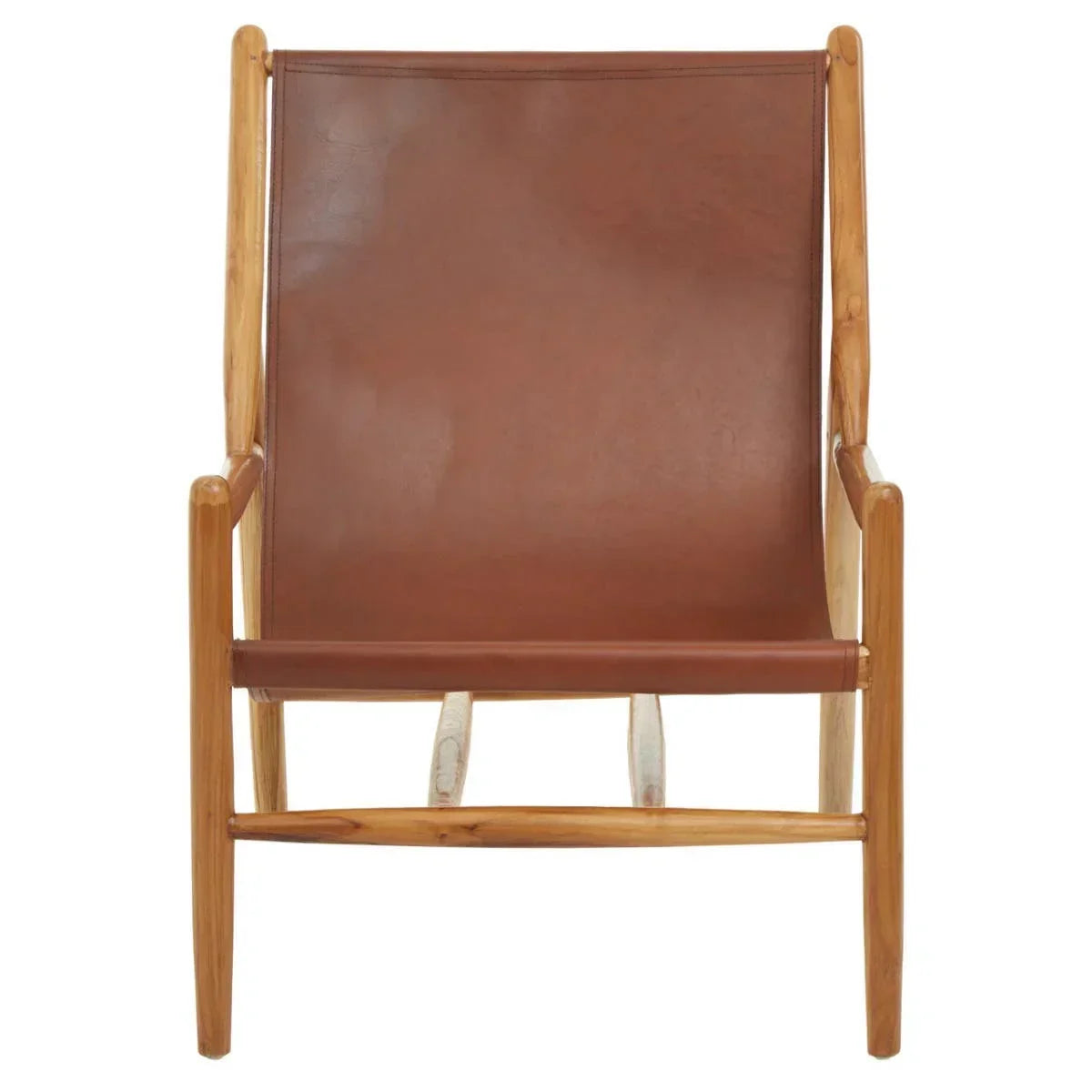 Brown leather accent chair with wooden frame, front view
