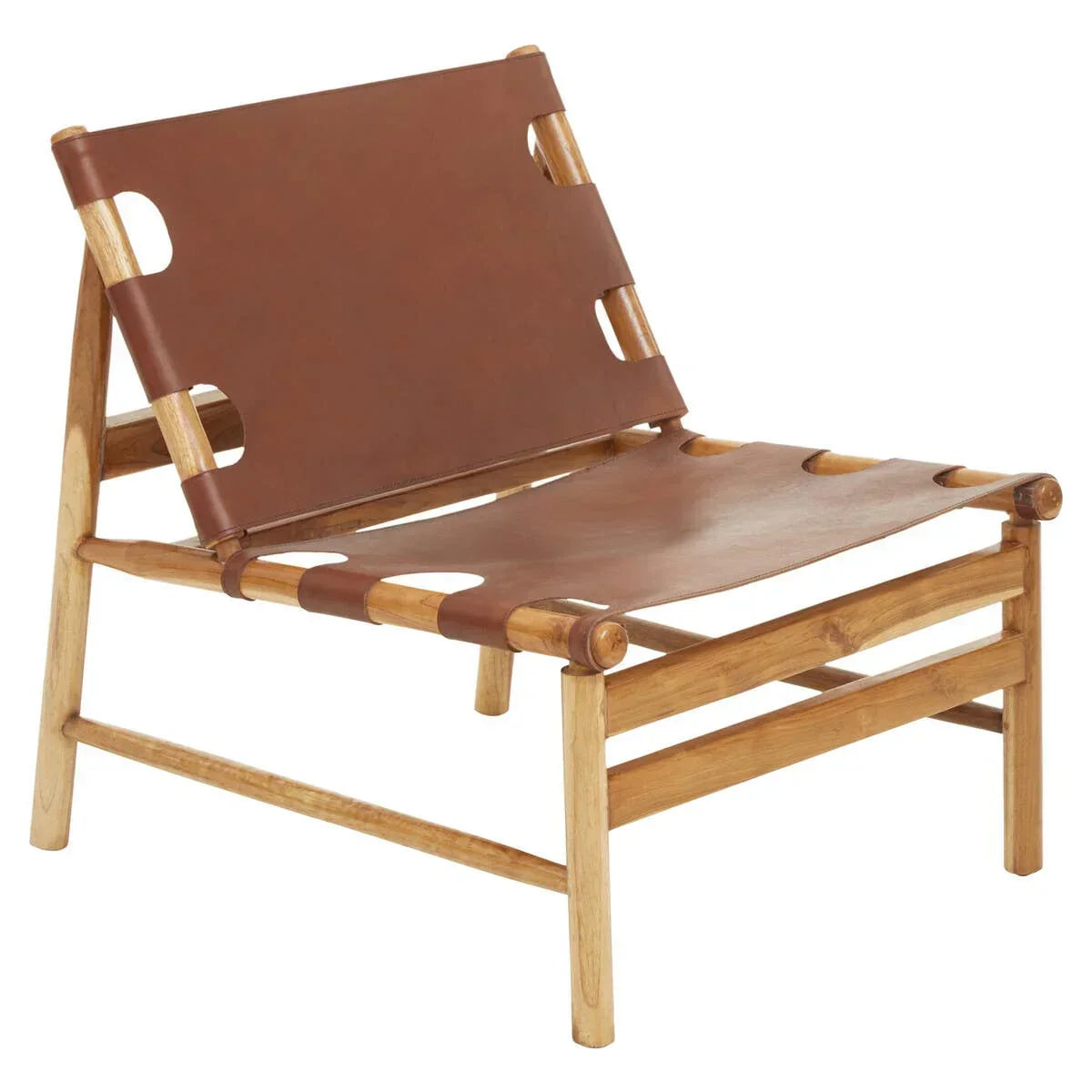 Brown leather lounge chair with light wood frame, modern design, angled side view