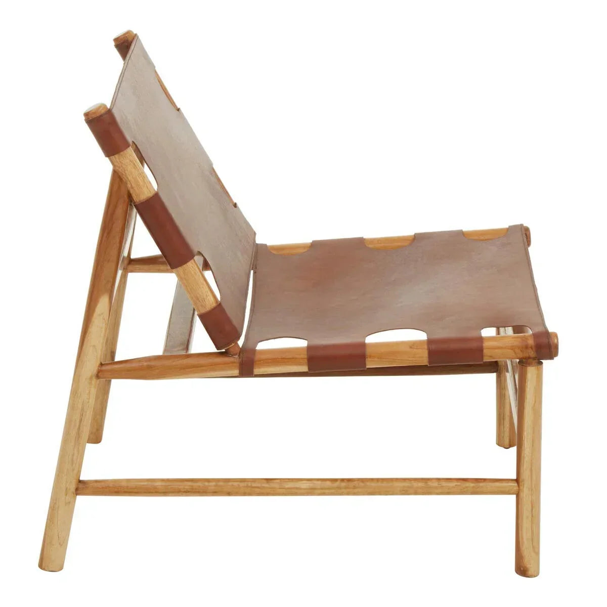 Side view of leather sling chair with light wood frame and minimalist design