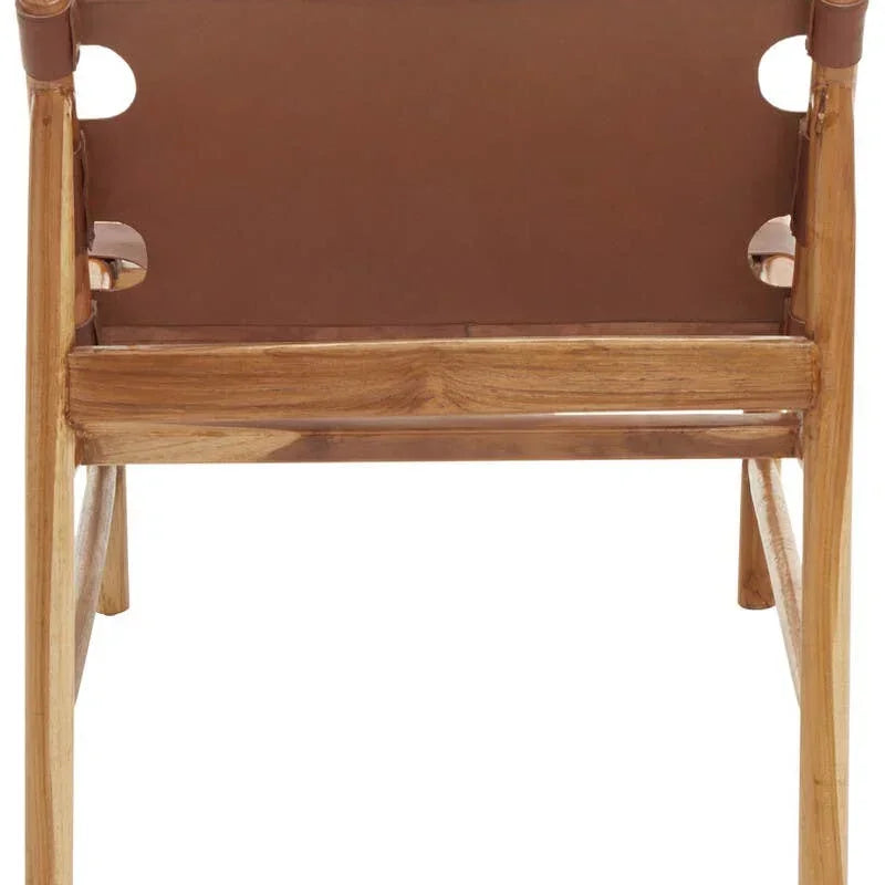Rear view of wooden accent chair with brown leather backrest and frame details