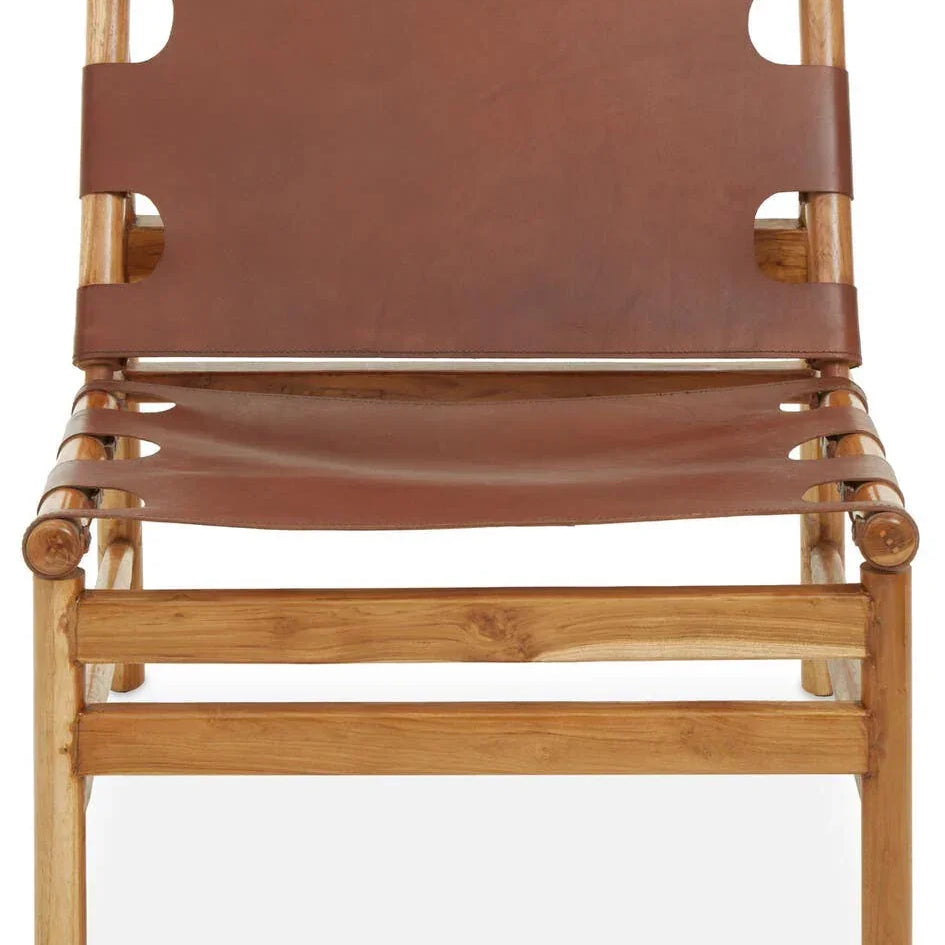 Front view teak wood accent chair with brown leather sling seat and backrest