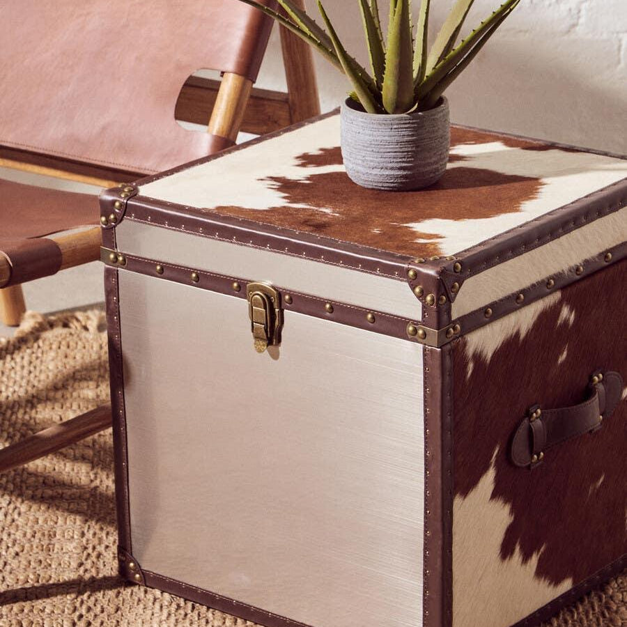 Cowhide storage chest with metal panel, leather accents, and potted plant on woven rug