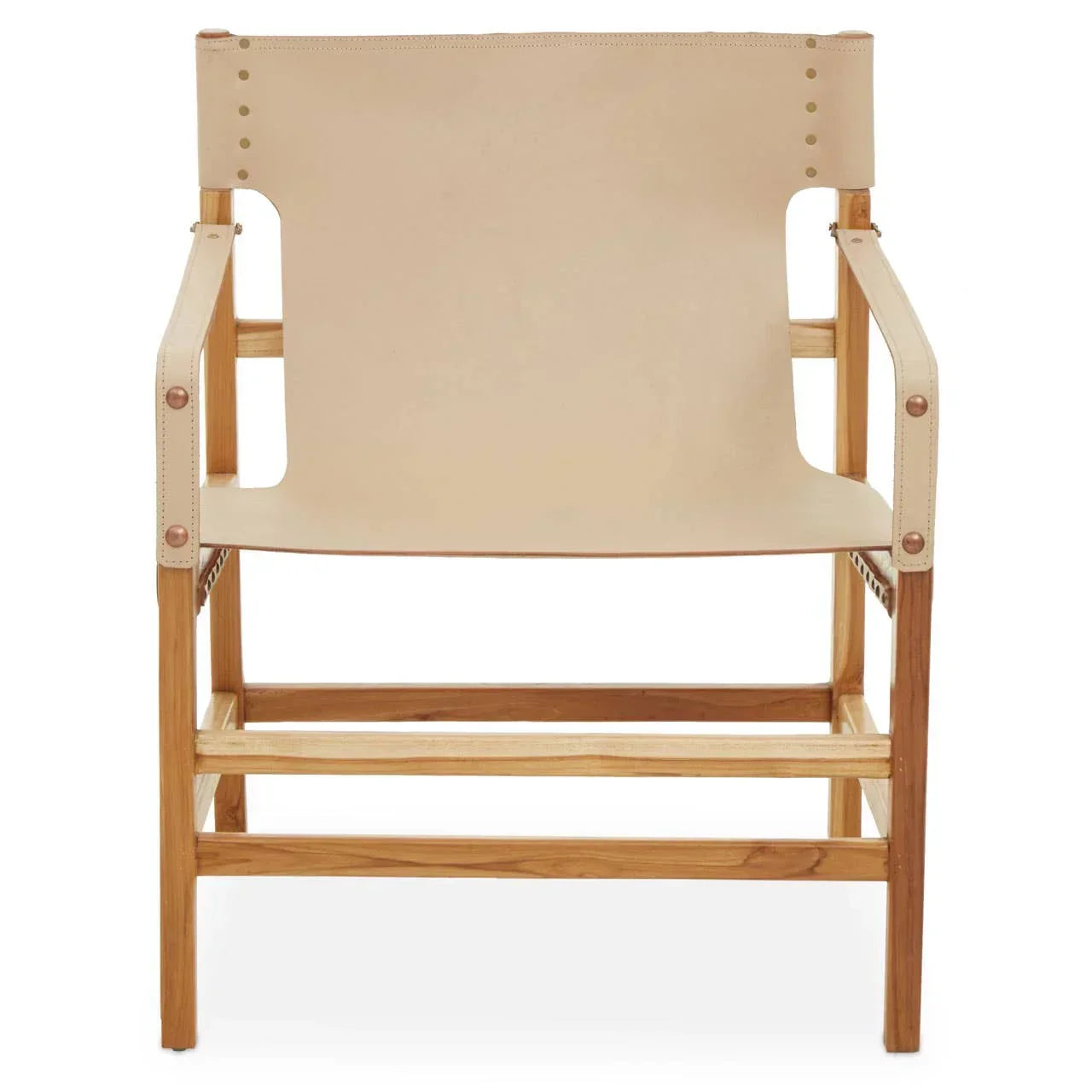 Natural wood and beige leather accent chair with armrests, front view