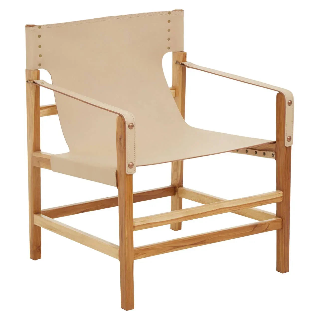 Beige leather accent chair with wooden frame and armrests, modern minimalist design