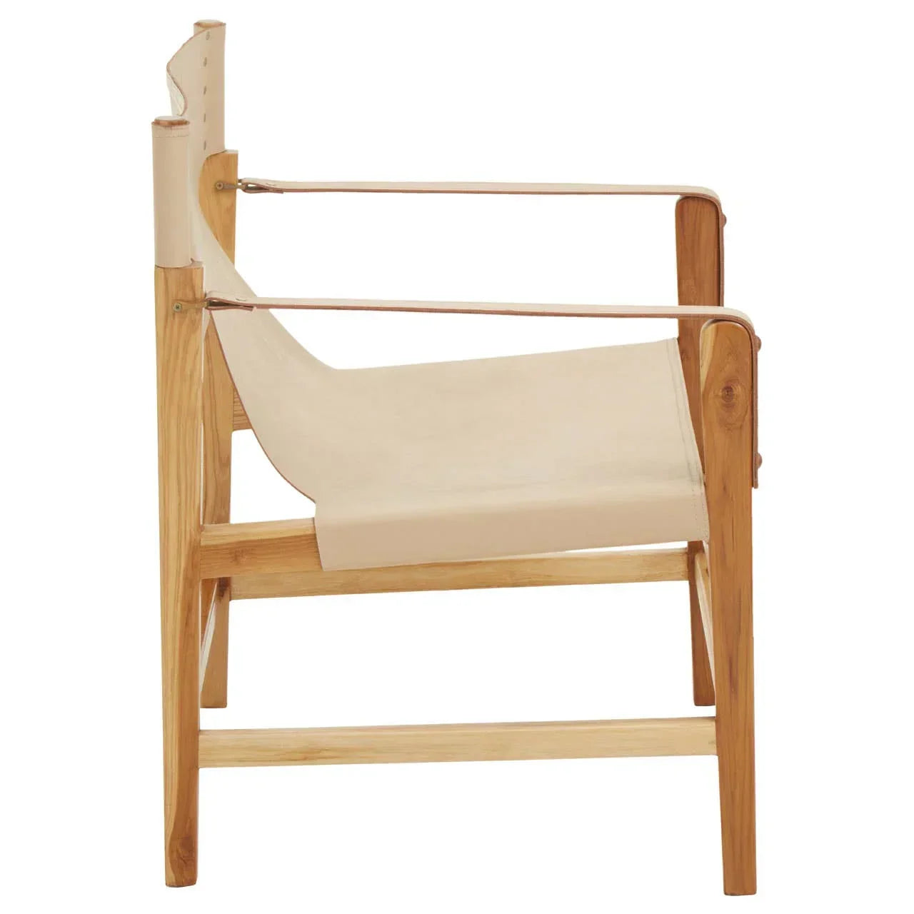 Side view of wooden armchair with light tan leather seat and backrest