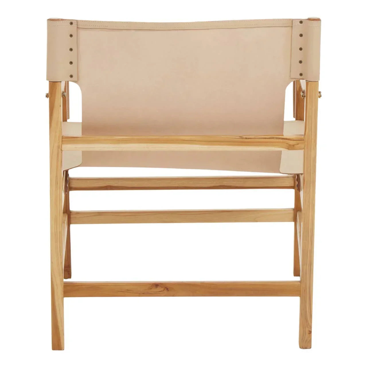 Light wood dining chair with beige canvas backrest, rear view