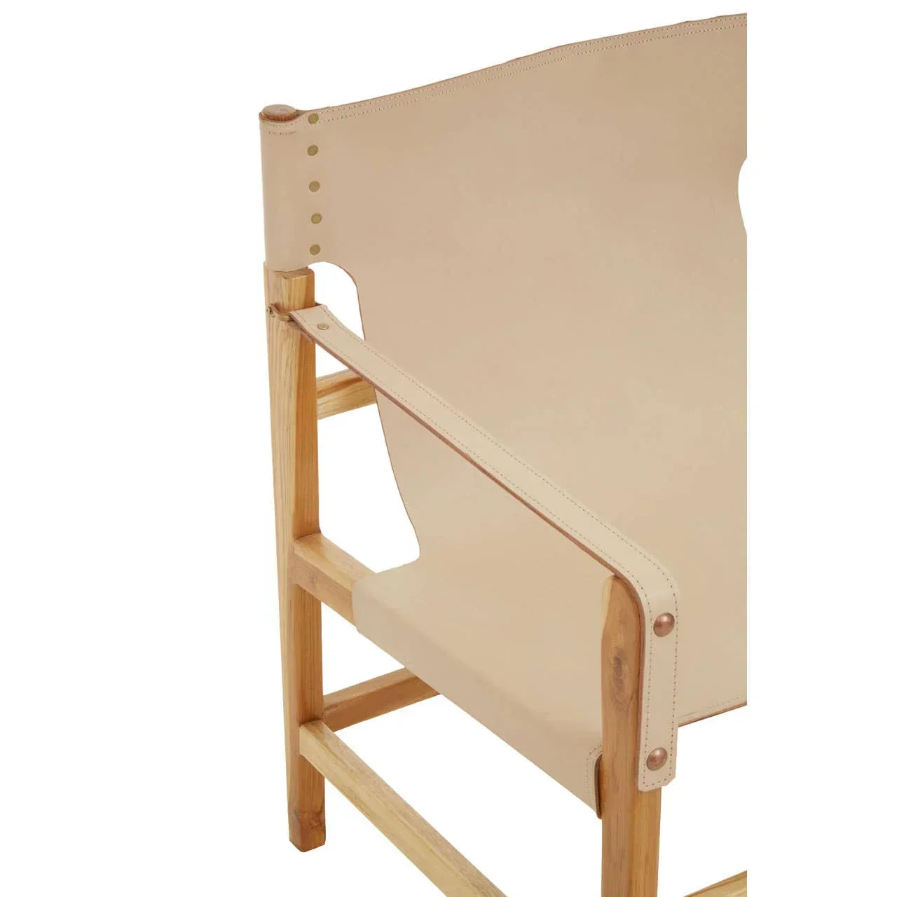 Natural wood chair with tan leather seat and backrest, angled view