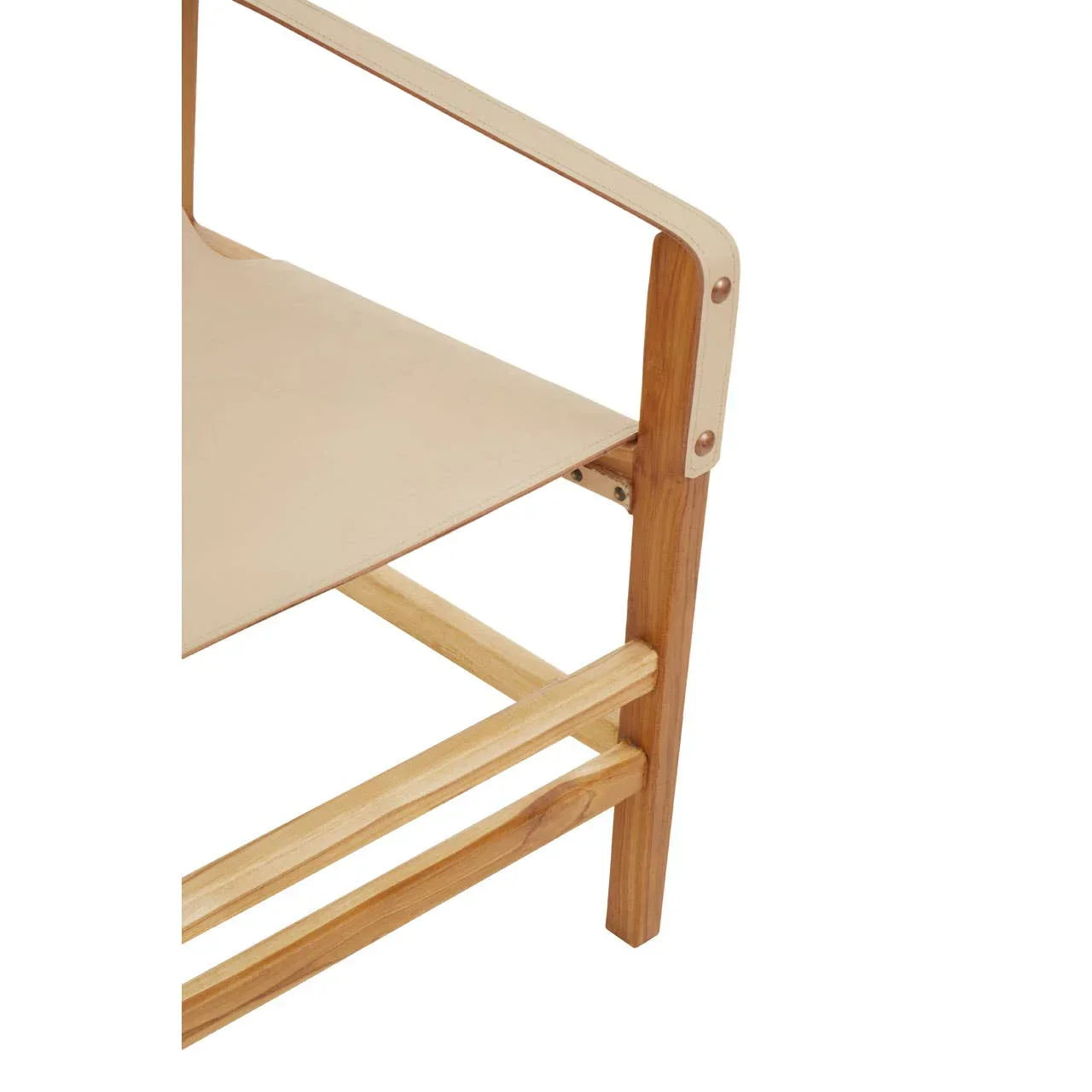 Teak wood chair with tan leather seat and armrest, side detail view
