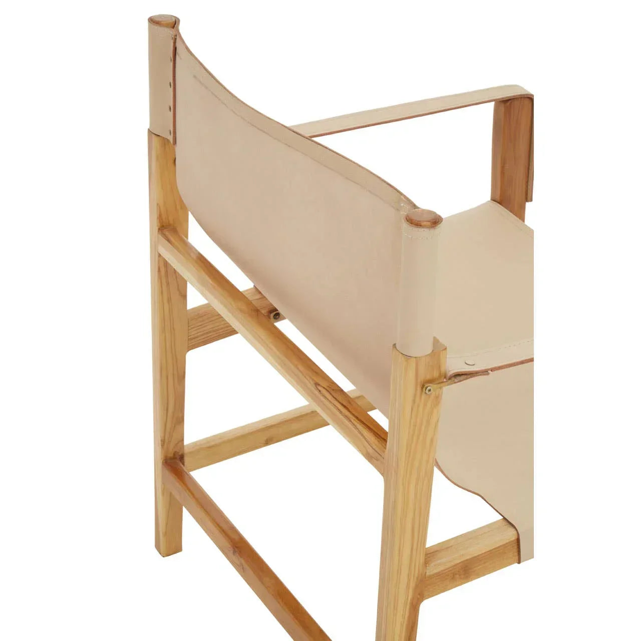 Natural wood accent chair with beige leather seat and backrest, angled rear view
