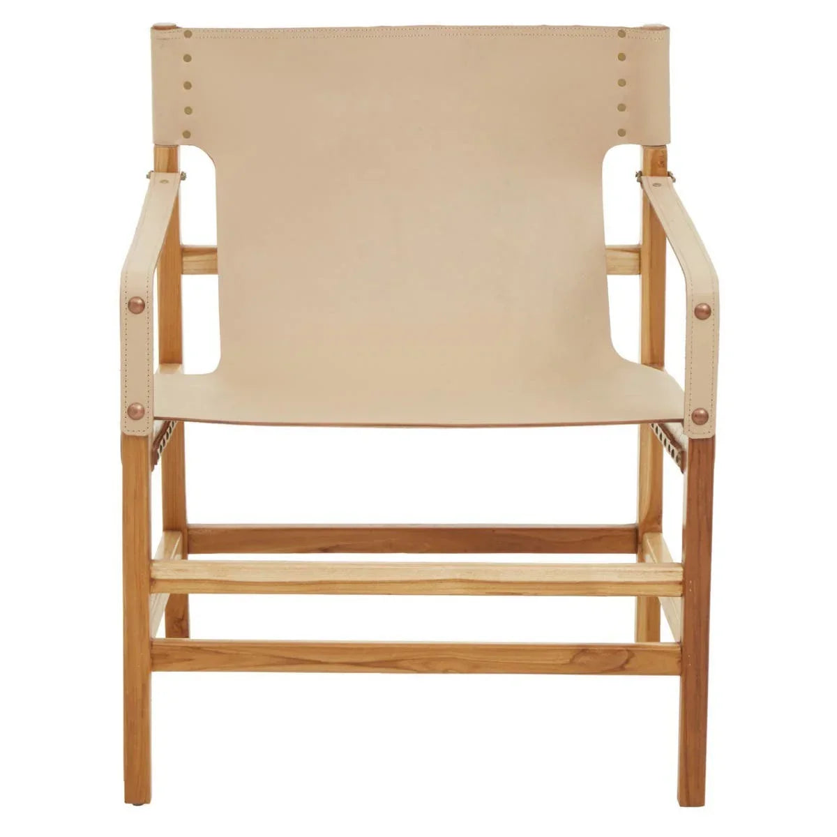 Beige leather accent chair with wooden frame and armrests, front view