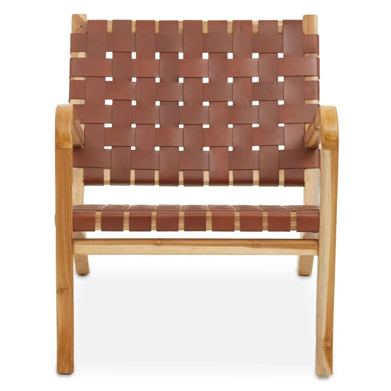 Front view of woven leather accent chair with light wood frame