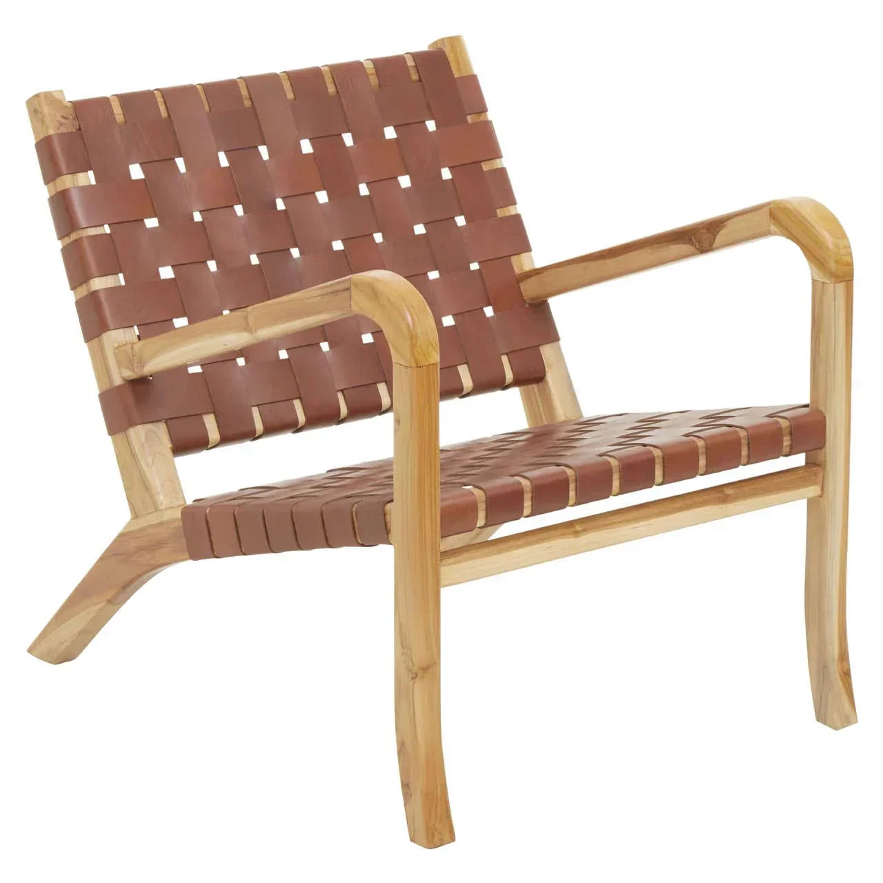 Brown leather strap lounge chair with natural wood frame, angled front view