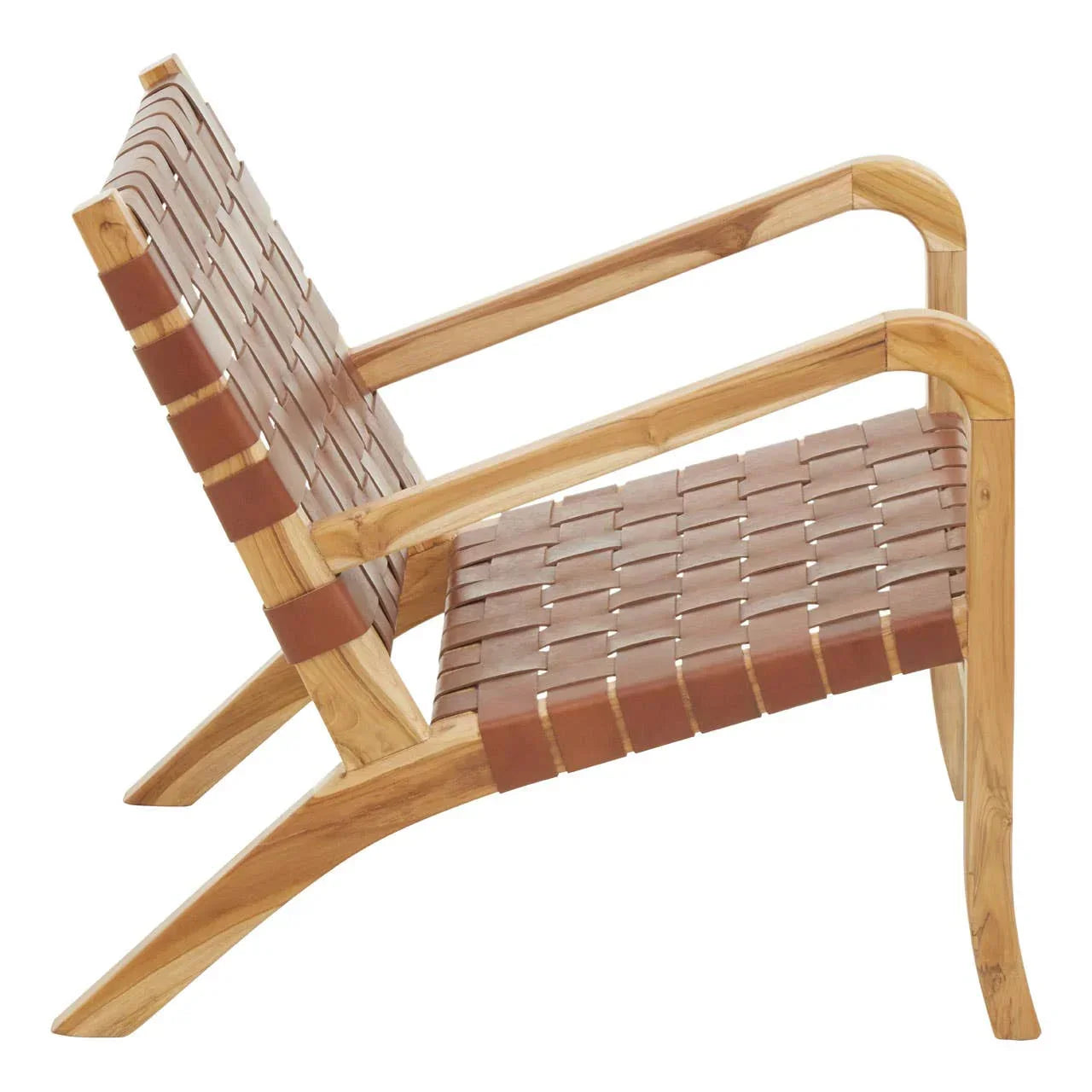 Teak lounge chair with brown leather woven seat and backrest, shown from side angle
