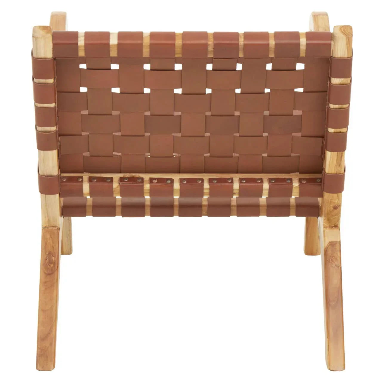 Rear view of wooden accent chair with brown leather woven backrest and seat