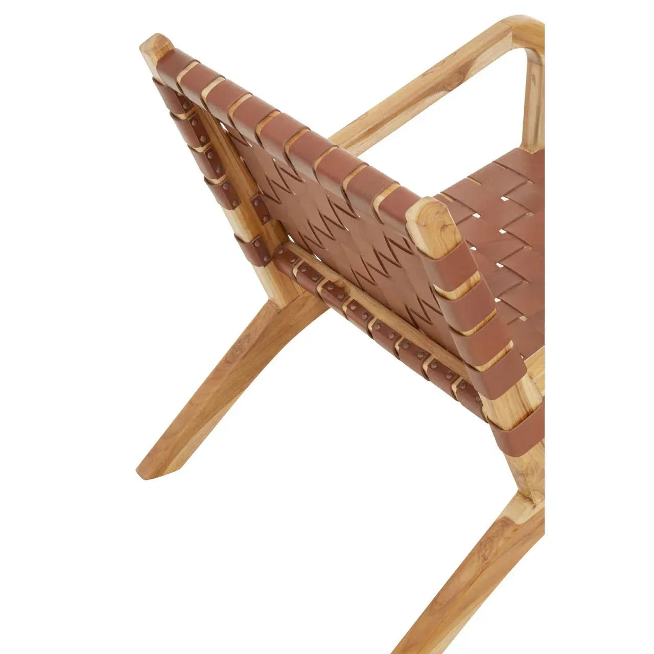 Brown leather woven chair back and seat with natural wood frame, angled side view