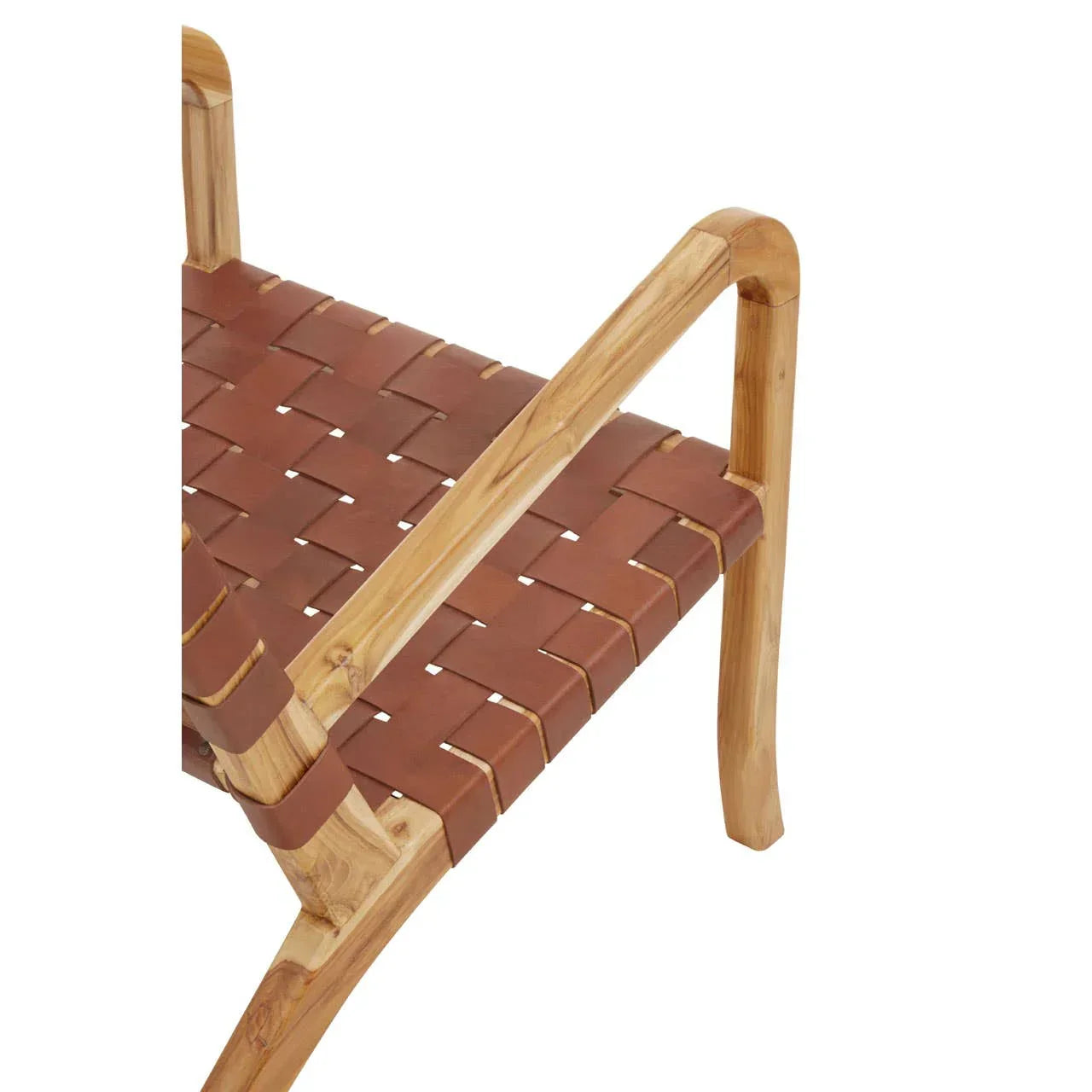 Close-up of wooden armchair with woven brown leather seat and backrest