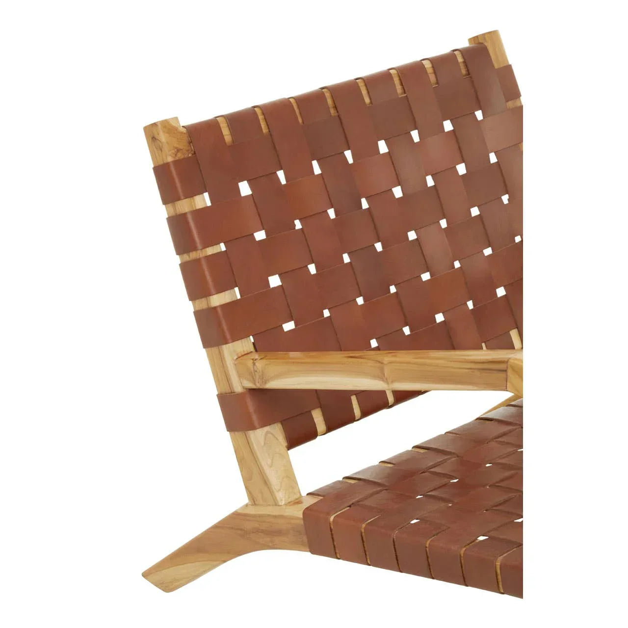 Close up of brown leather strap lounge chair with wooden frame