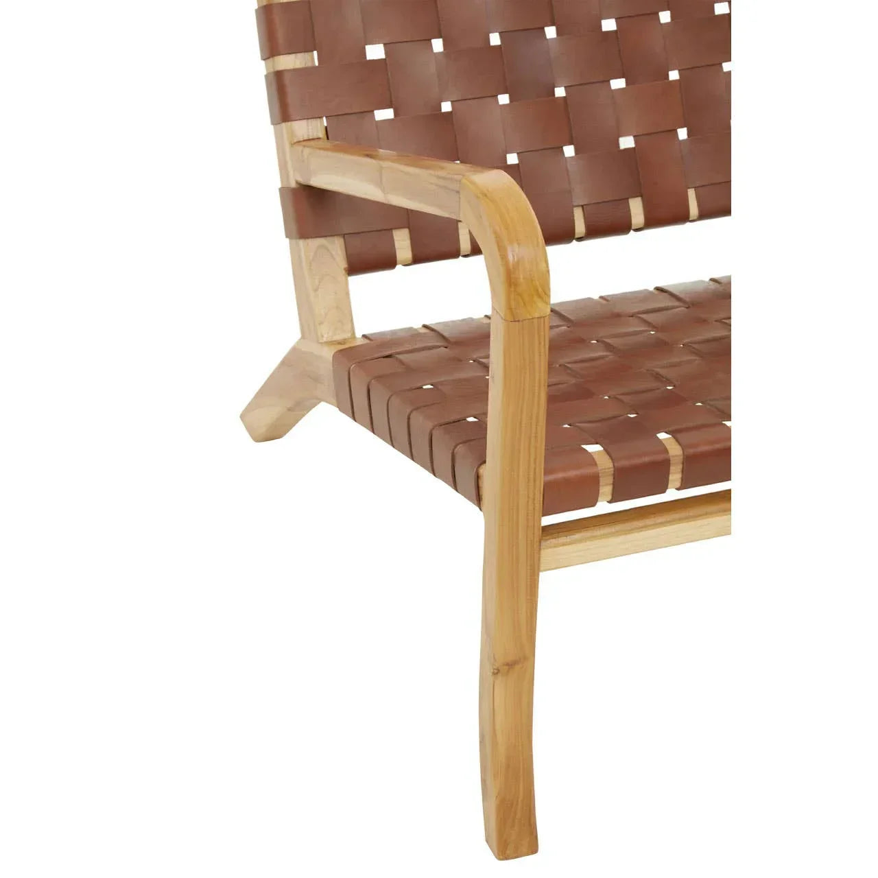Close-up of wooden chair frame with brown leather woven seat and backrest