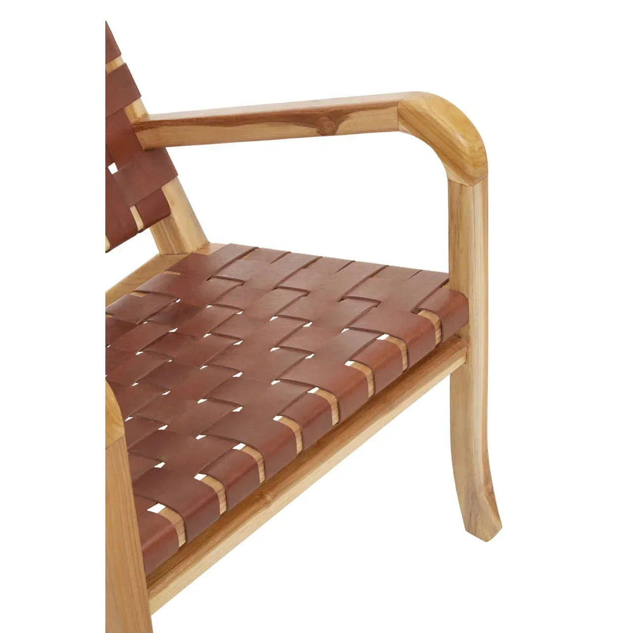 Closeup of wooden accent chair with woven brown leather seat and armrest