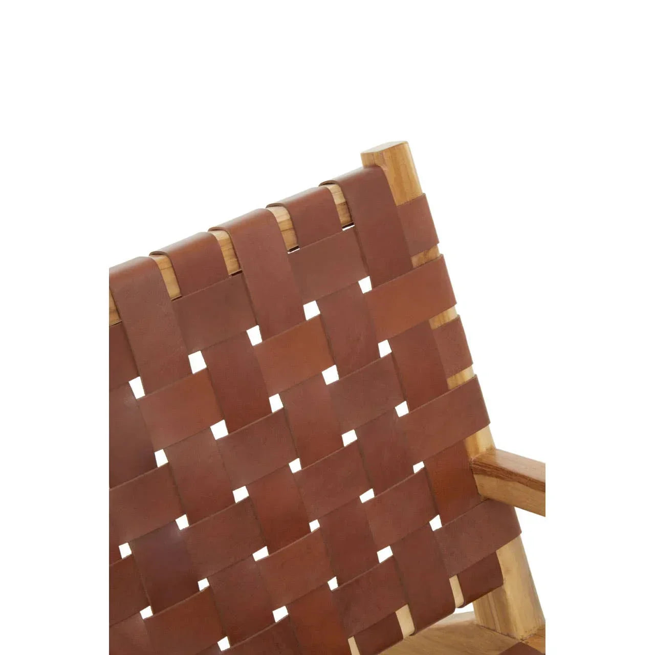 Brown leather woven chair backrest on wooden frame, close-up view