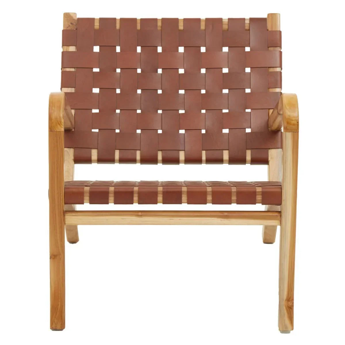 Front view of wooden lounge chair with brown leather woven seat and backrest