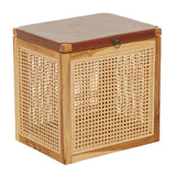 Kendari Rattan and Leather Storage Box Side Table featuring a square design with a woven rattan body and a smooth leather top, providing a stylish and functional storage solution