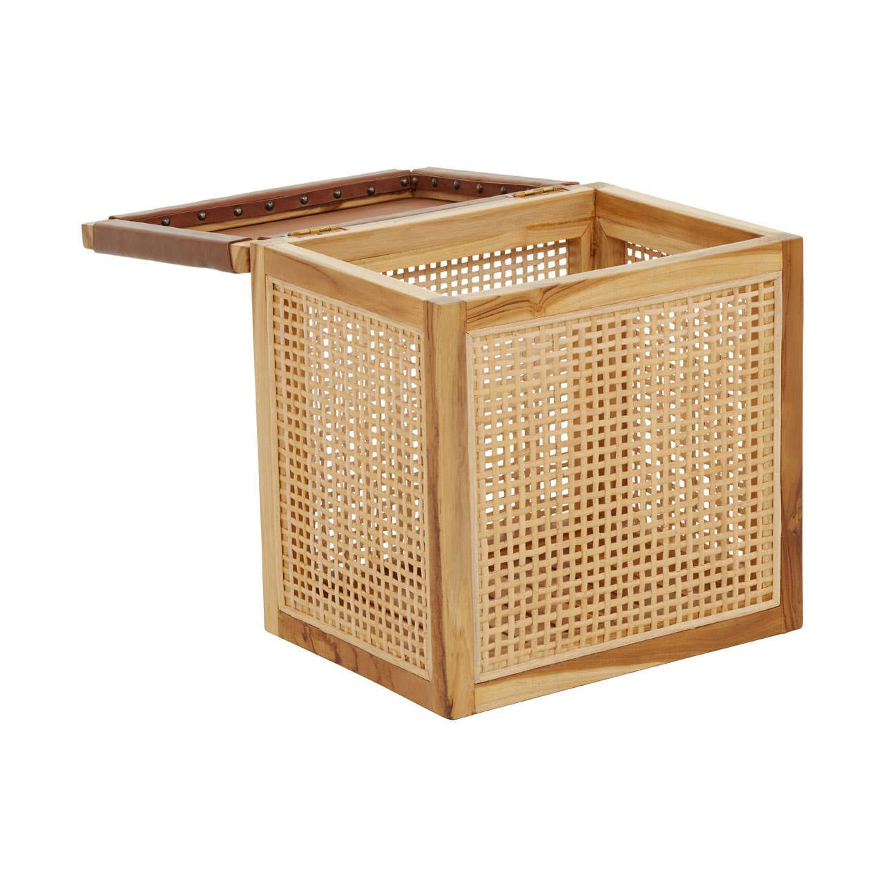 Kendari Rattan and Leather Storage Box Side Table featuring a square design with a woven rattan exterior and a wooden top that can be lifted to reveal storage space inside. The natural tones of the rattan complement the rich color of the leather top