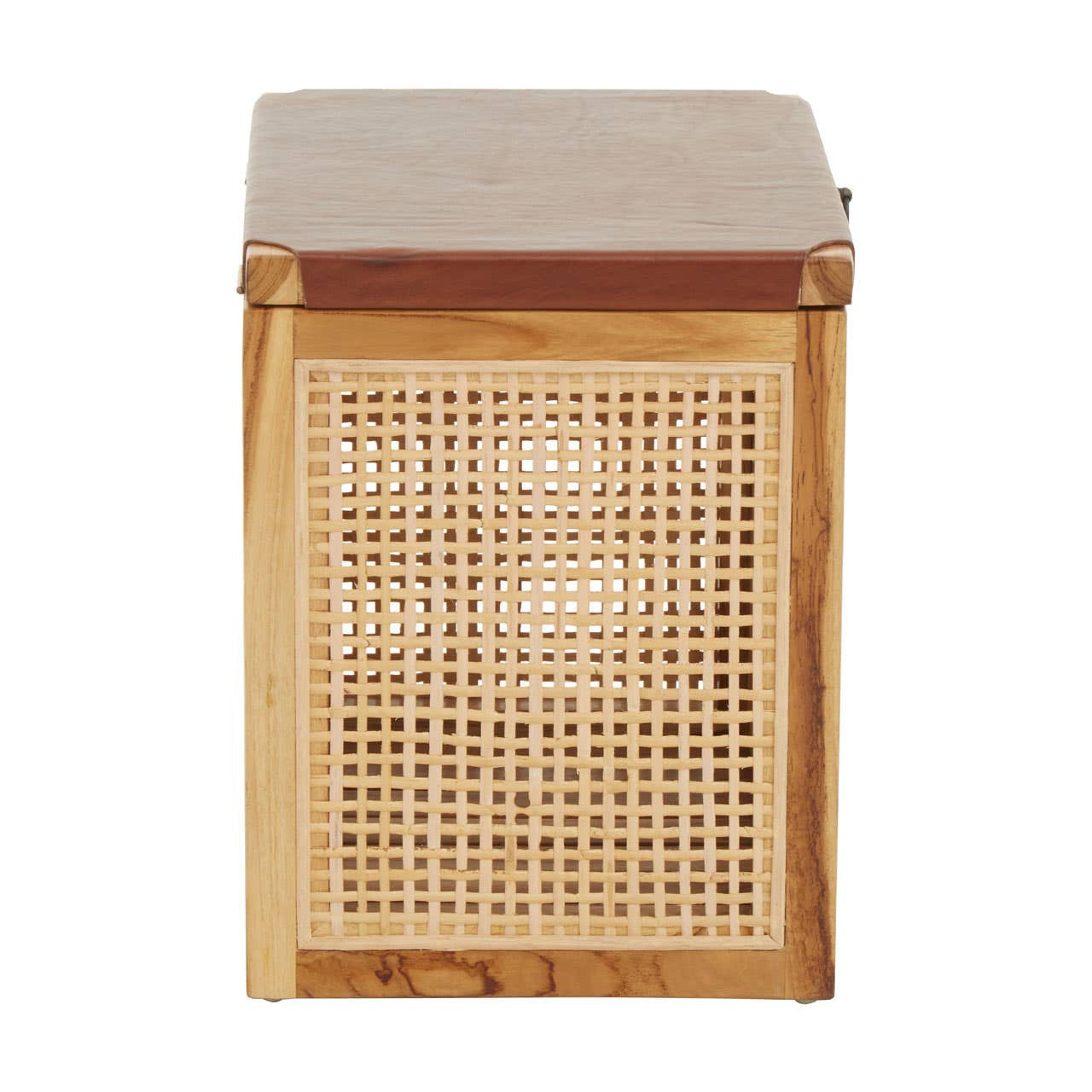 Kendari Rattan and Leather Storage Box Side Table featuring a natural rattan front with a woven pattern, a smooth wooden top, and a rectangular shape, designed for storage and as a side table