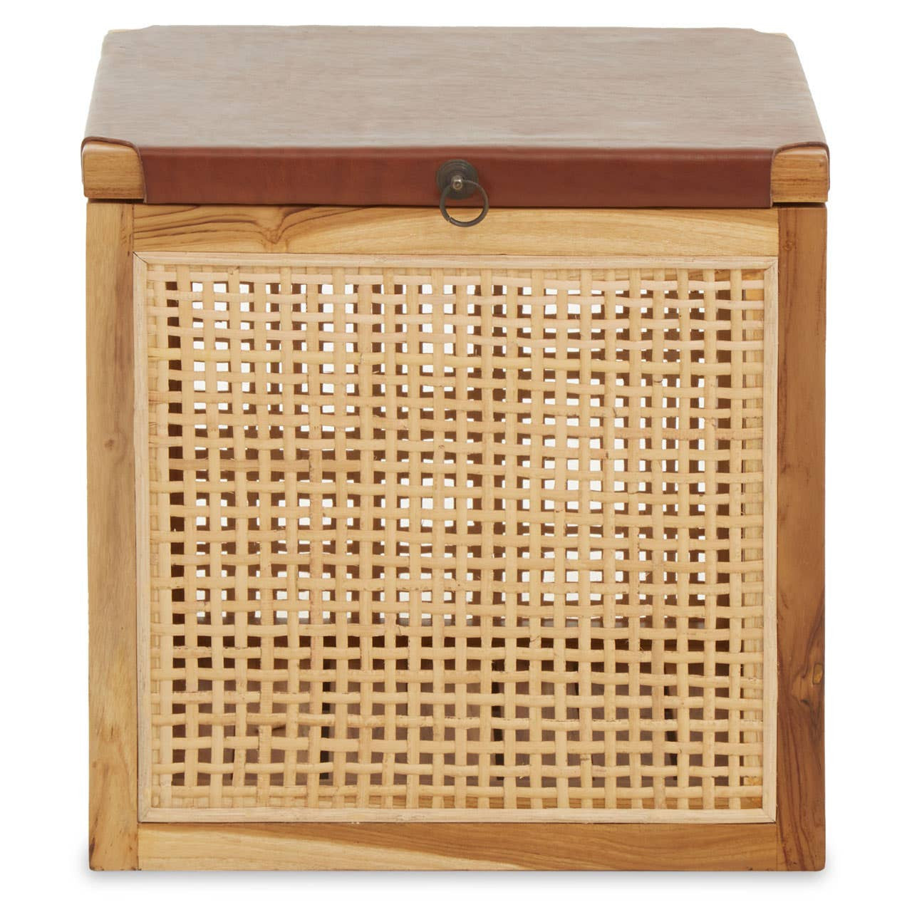 Square side table featuring a natural wood top and a woven rattan front panel, with a leather strap for easy opening. The design combines rustic and modern elements, making it suitable for various home decor styles