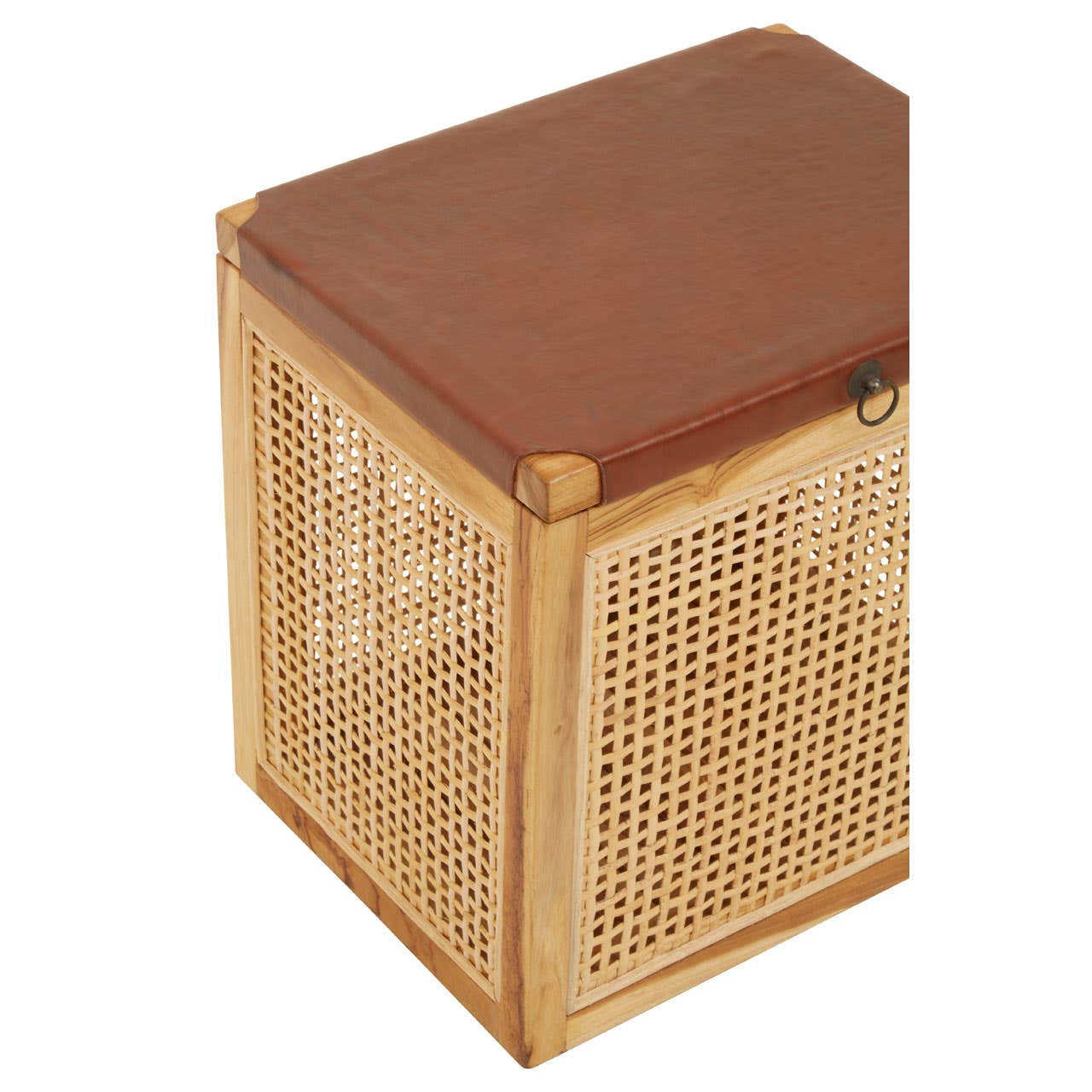 Kendari Rattan and Leather Storage Box Side Table featuring a rectangular shape with a brown leather top and woven rattan sides, providing a stylish and functional storage solution
