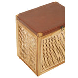 Kendari Rattan and Leather Storage Box Side Table featuring a rectangular shape with a brown leather top and woven rattan sides, providing a stylish and functional storage solution