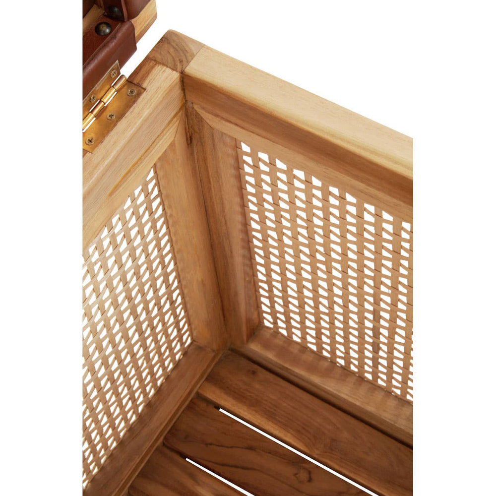 Close-up view of the corner of a Kendari Rattan and Leather Storage Box Side Table, showcasing the natural wood frame and woven rattan detailing on the sides, highlighting the craftsmanship and texture of the materials