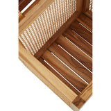 A close-up view of the interior of a Kendari Rattan and Leather Storage Box Side Table, showcasing the wooden slats and woven rattan design. The natural wood finish highlights the craftsmanship and texture of the materials used