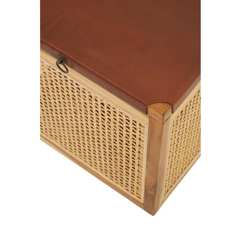 Top view of a Kendari Rattan and Leather Storage Box Side Table featuring a smooth brown leather lid and a woven rattan body with a natural finish, showcasing a decorative and functional design