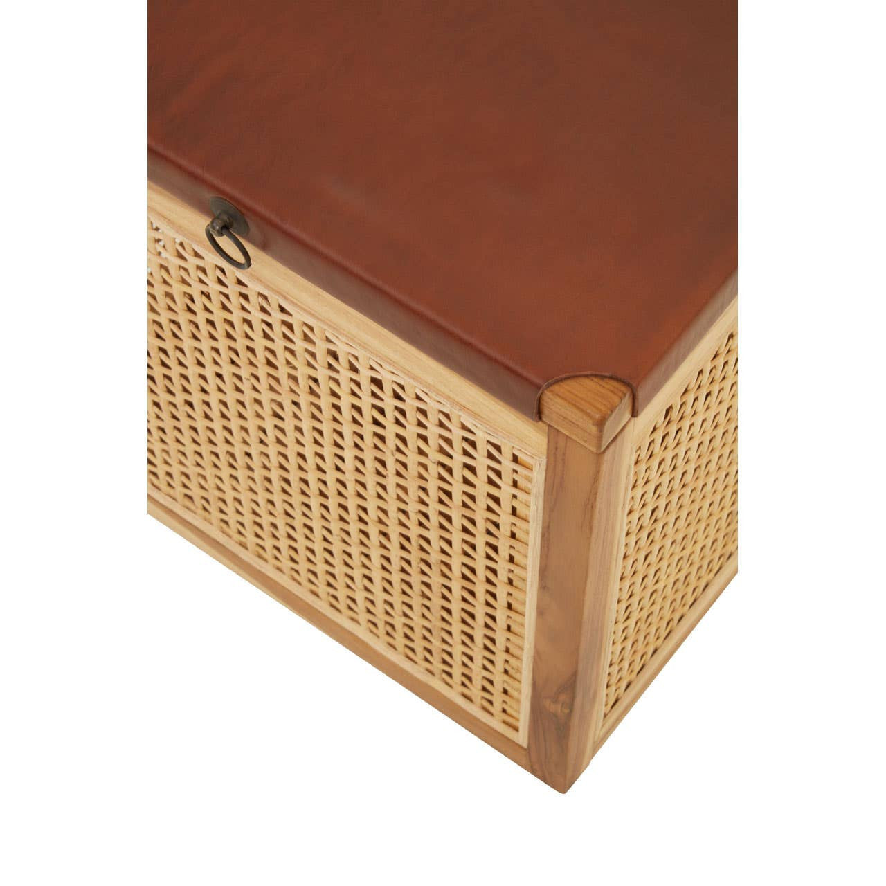 Top view of a Kendari Rattan and Leather Storage Box Side Table featuring a smooth brown leather lid and a woven rattan body with a natural finish, showcasing a decorative and functional design