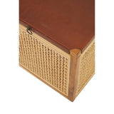 Top view of a Kendari Rattan and Leather Storage Box Side Table featuring a smooth brown leather lid and a woven rattan body with a natural finish, showcasing a decorative and functional design