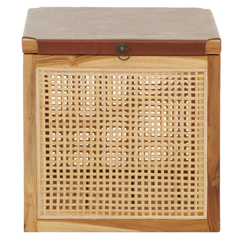 Kendari Rattan and Leather Storage Box Side Table featuring a natural rattan front with a woven pattern, a wooden top, and leather accents. The design includes a hinged lid for storage access, showcasing a blend of modern and rustic aesthetics