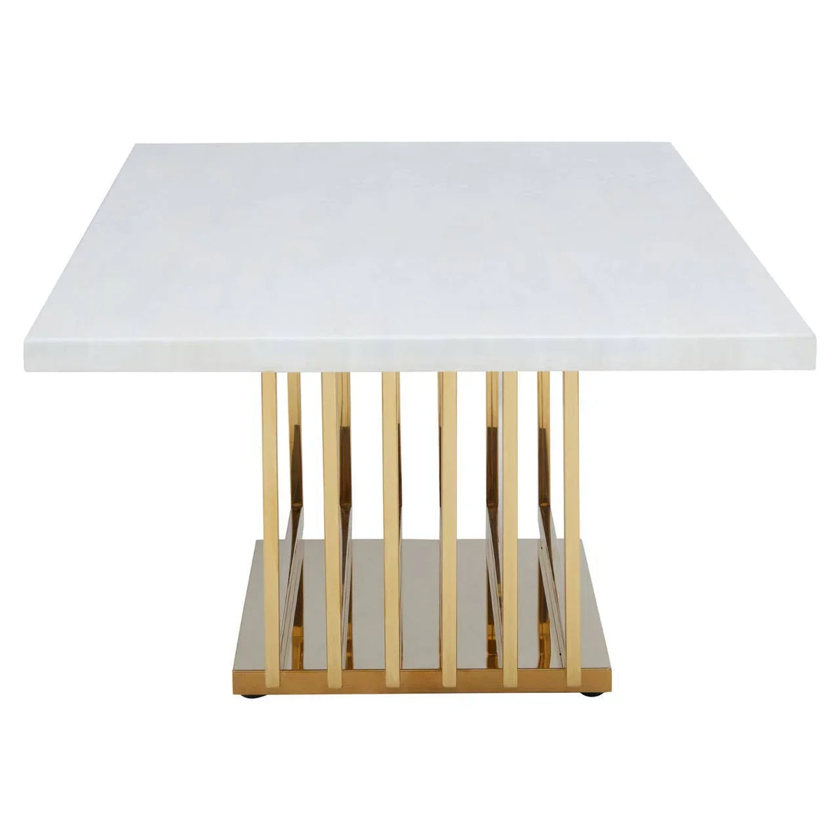 Square coffee table with white top and gold metal slatted base, front view