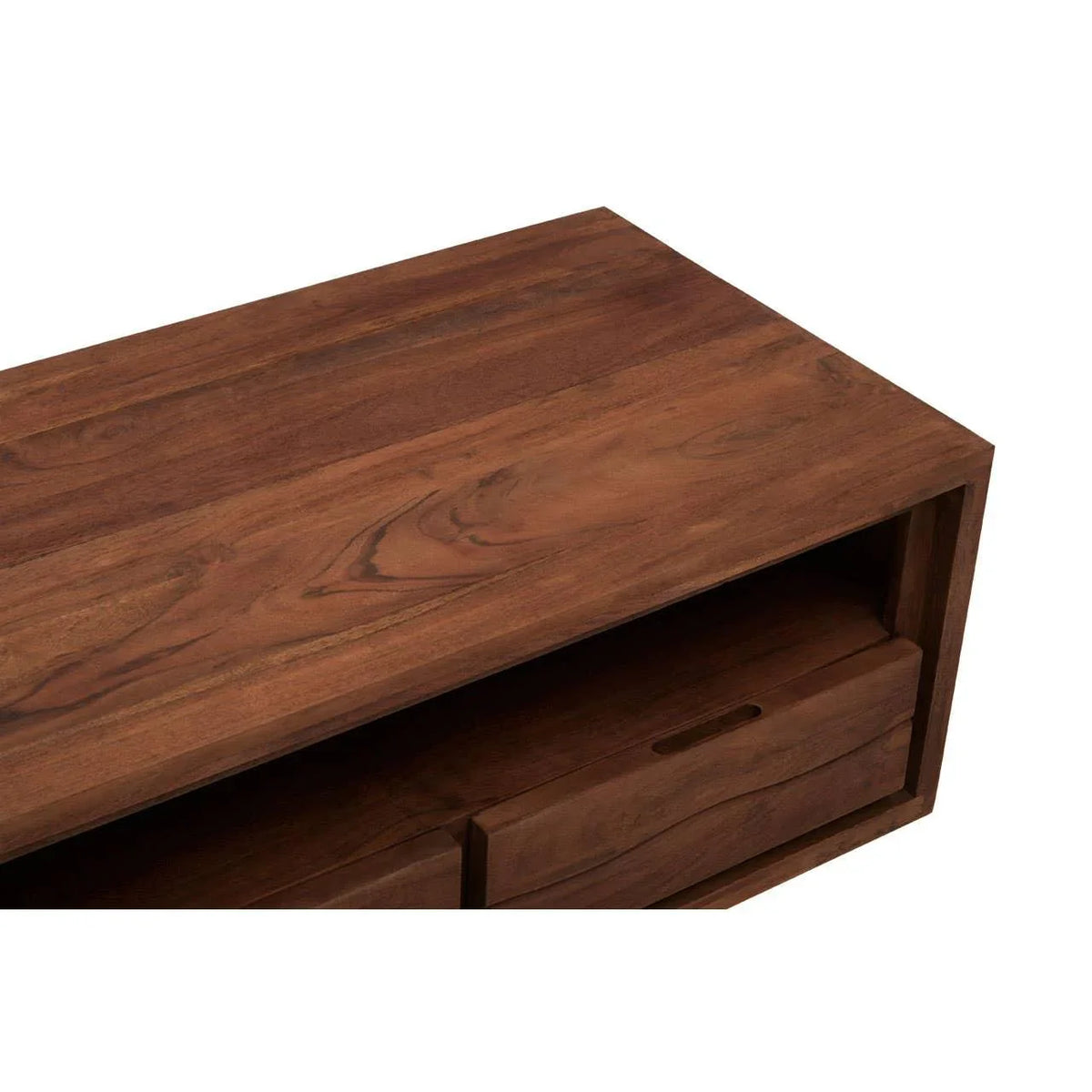 Solid wood TV unit corner view with open shelf and drawer