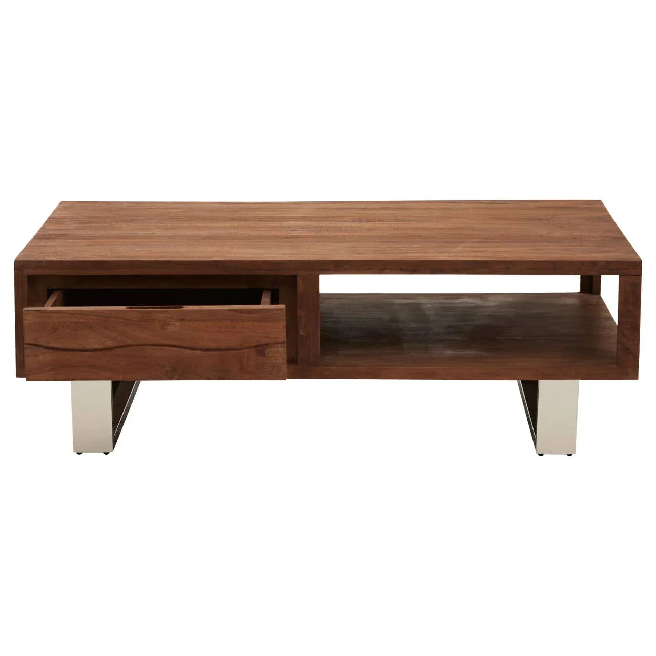 Walnut wood coffee table with open shelf, metal legs, and single drawer front view
