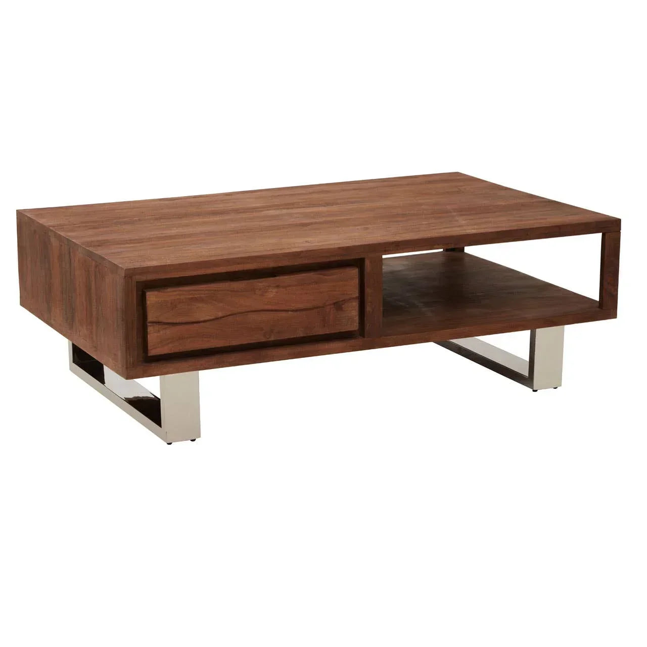 Wood coffee table with metal legs, single drawer and open storage shelf, angled front view