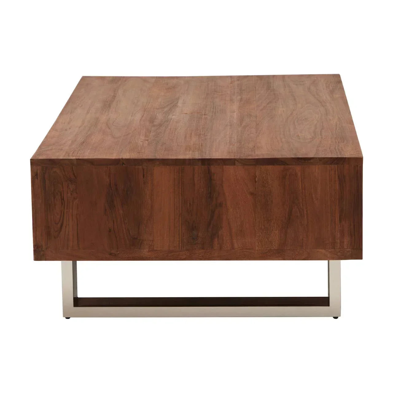 Rectangular wooden coffee table with metal base, front angle view