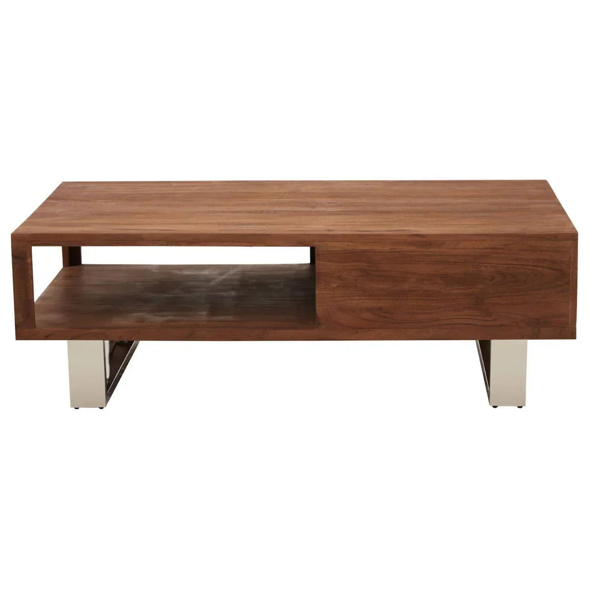 Rectangular walnut coffee table with open shelf and chrome legs, front view